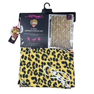 Ed Hardy 13-Piece Leopard Tiger Shower Curtain Set 72x72 w/ Rollerball Hooks NWT
